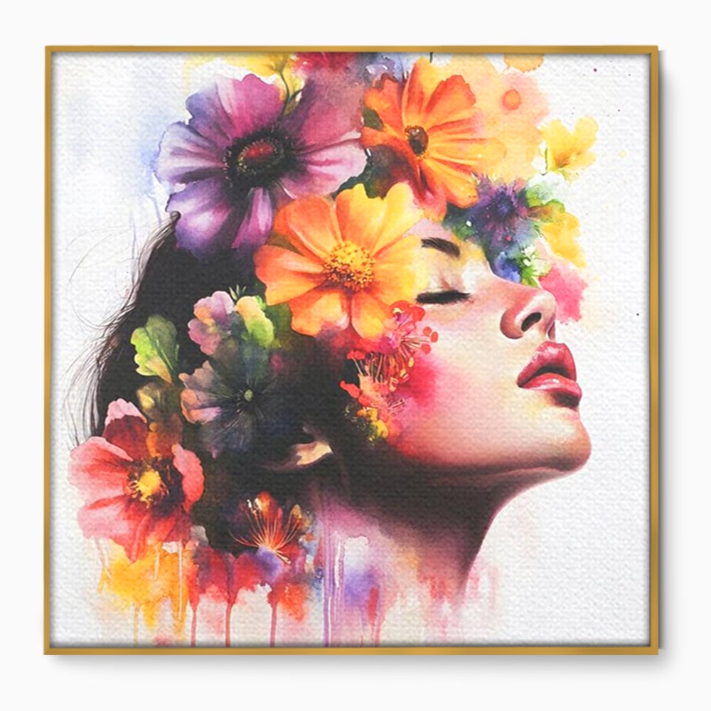 Tablou canvas cu pictura profil femeie cu flori, in rama de aluminiu auriu
